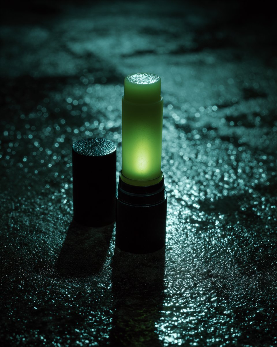 The Glow Job limited-edition tube glowing chartreuse in the dark with its cap off