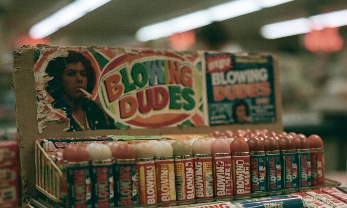 Blowing Dudes display rack at a convenience store