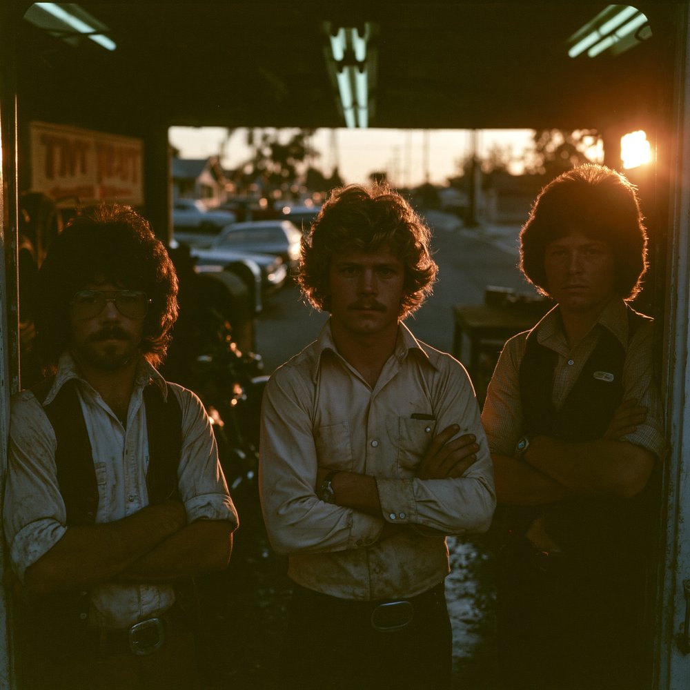 The three Blowing Dudes founders standing in their Bakersfield garage doorway at sunset, 1974