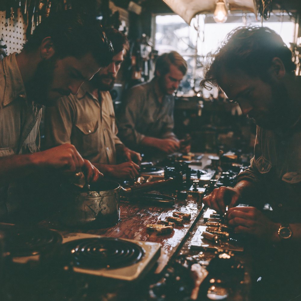The crew hand-pouring the first tubes at a garage workbench, 1974