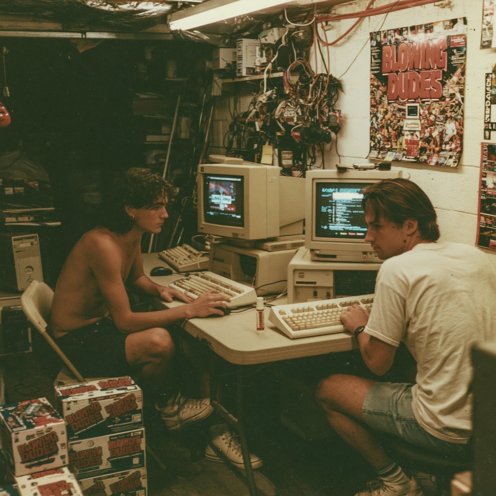 Two young coders at CRT monitors in a 1991 Palo Alto garage, Blowing Dudes poster on the wall and cartons stacked beside them