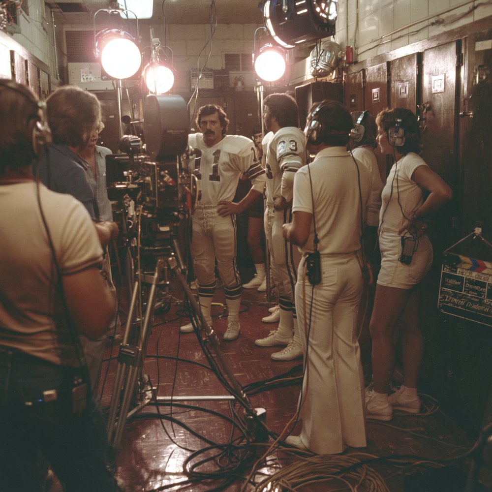 Behind the scenes on the 1976 TV spot — film crew and football players in the locker room set